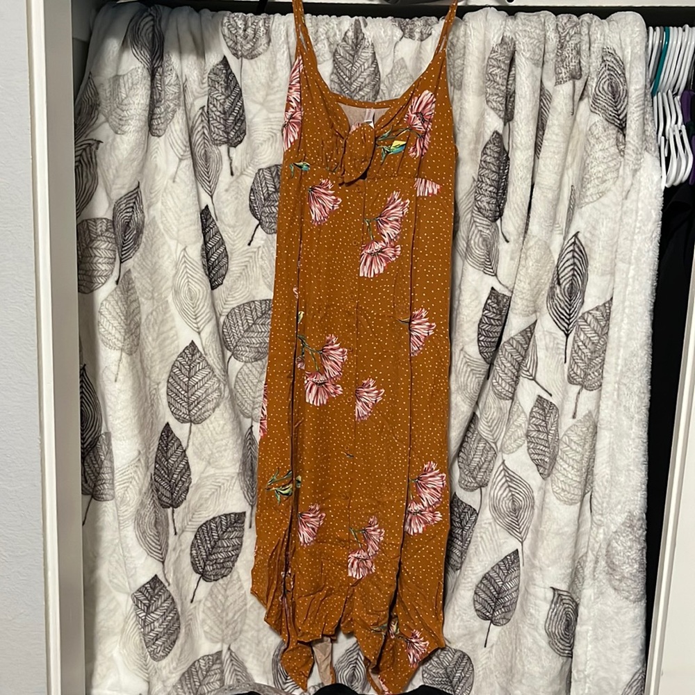 Floral Midi Knot Detail Dress Women's Large Mustard